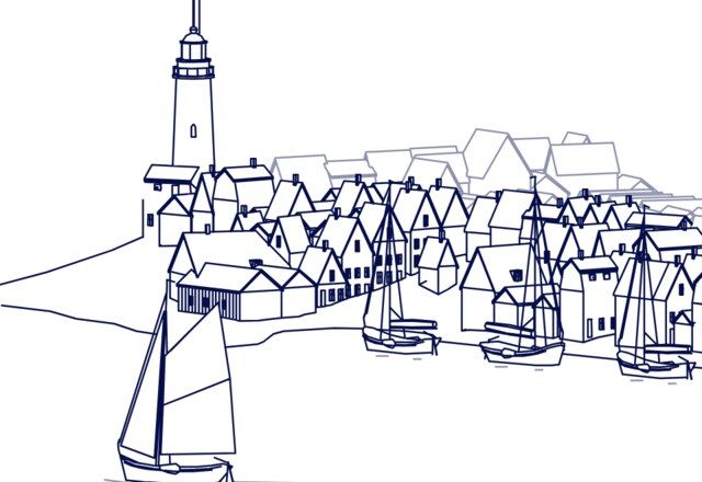 Schets: de vuurtoren van Urk met het wachtershuis op de kop, de huizen aan de haven en een botter onder zeil